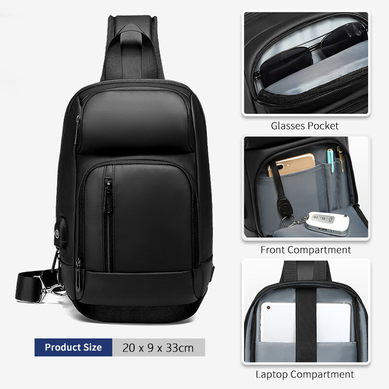 OZUKO-Sac à bandoulière imperméable pour hommes, chargement USB initié, sacoche de bonne qualité pour court voyage iPad 9.7 pouces