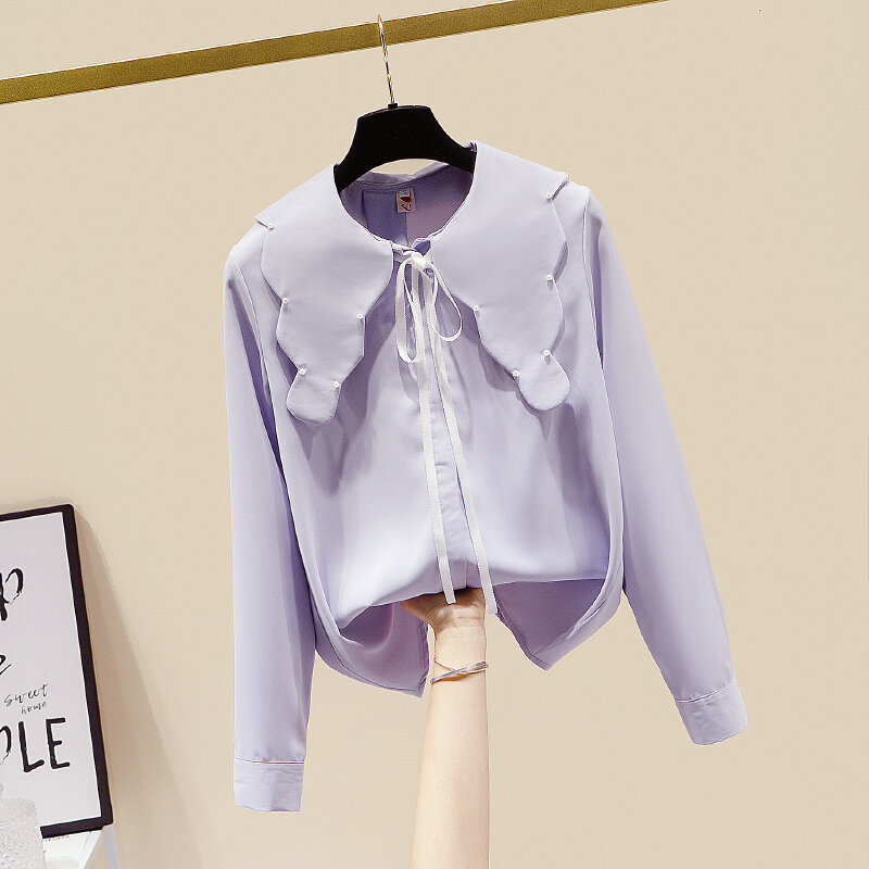 Camisa de moda coreana para mujer, blusa femenina de chifón de manga larga con cuello de muñeca y lazo, con cordones, novedad de Primavera de 2021