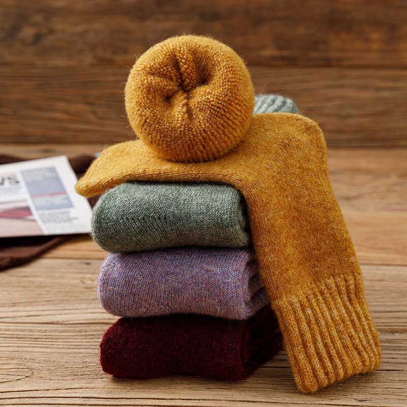Chaussettes d'hiver en laine mérinos épaisse et chaude pour femmes, style Harajuku rétro résistant au froid, mode décontractée, couleur unie, chaussettes en cachemire, 5 paires