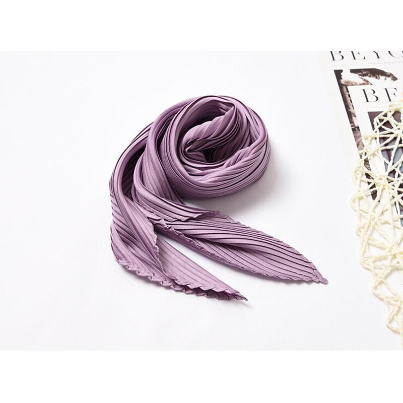 Bufanda cuadrada lisa de seda para mujer, cinta larga y delgada para la cabeza y el cuello, banda plisada para el pelo, pañuelo de satén, Foulard, 2021