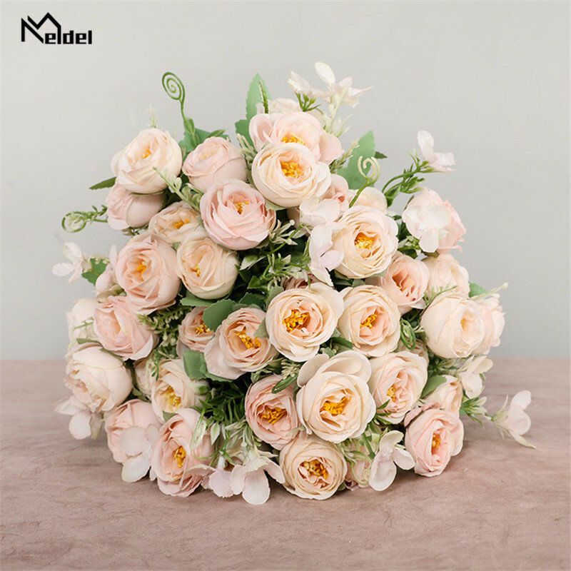 10 flores artificiais de buquê de rosas e damas de honra, 5 ramos de flores falsas de seda para decoração de casa, jardim de casamento diy