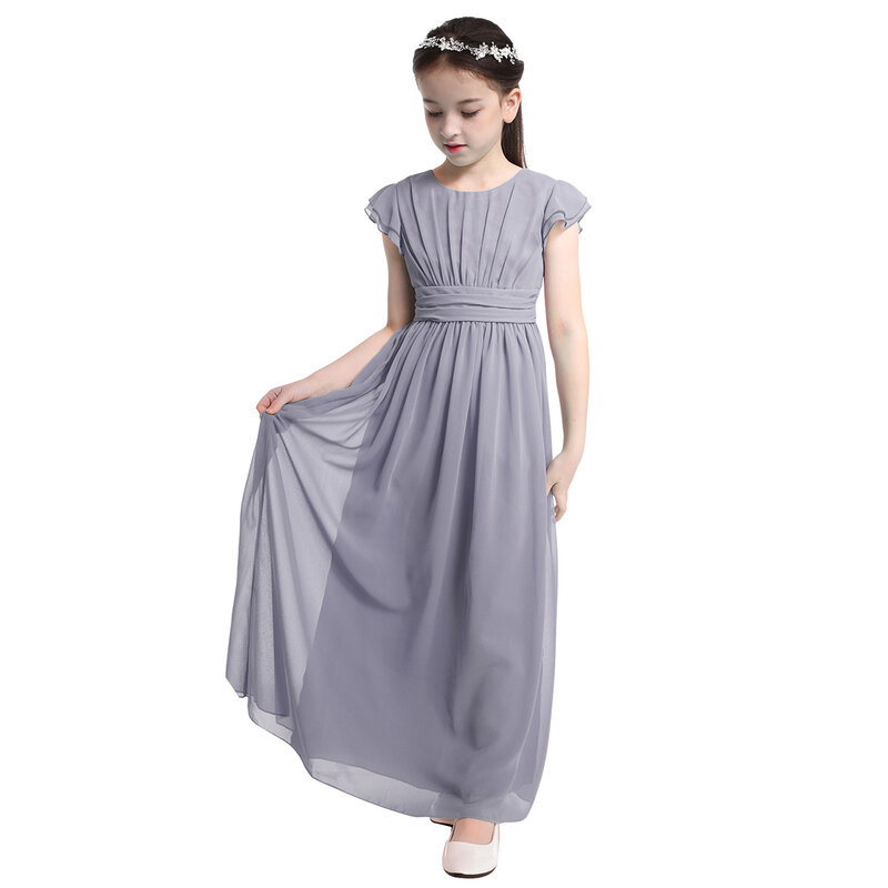 Gaun Pengiring Pengantin Junior Gaun Panjang Chiffon Berlipat untuk Anak Perempuan Gaun Pesta Pernikahan Vestidos Kontes Anak-anak Gaun Anak-anak Putri