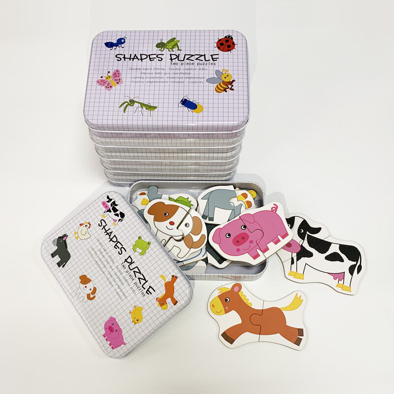 Serpihan Ukuran Besar Teka-teki Kayu Bayi Set Puzzle Pasangan Kartu Kognisi Buah Hewan Pendidikan Awal dengan Kotak Logam untuk Hadiah Anak-anak