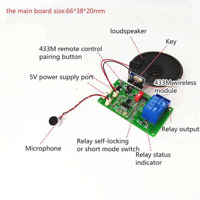 RCmall-tablero de Control de voz de relé de un canal para puerta de lámpara, sin conexión, admite Control de llave a bordo, Control de palabras, 433MHz