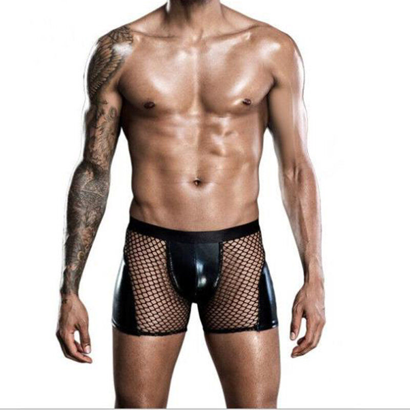 Mens Patent leather Sexy Black Breathable Boxer Underwear Gay Lingerie Mesh Transparent Underpants
