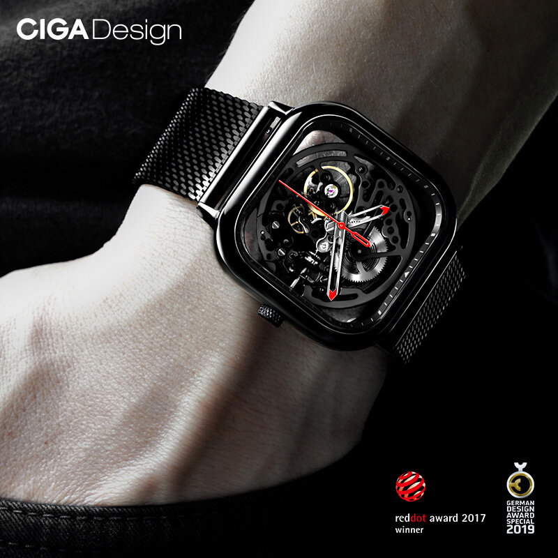 นาฬิกาออโตเมติกดีไซน์ CIGA สำหรับผู้ชายผู้หญิงนาฬิกาข้อมือกลไกจักรกลแบบโชว์กลไกเป็นโพรงกลวง316L สแตนเลสสตีล