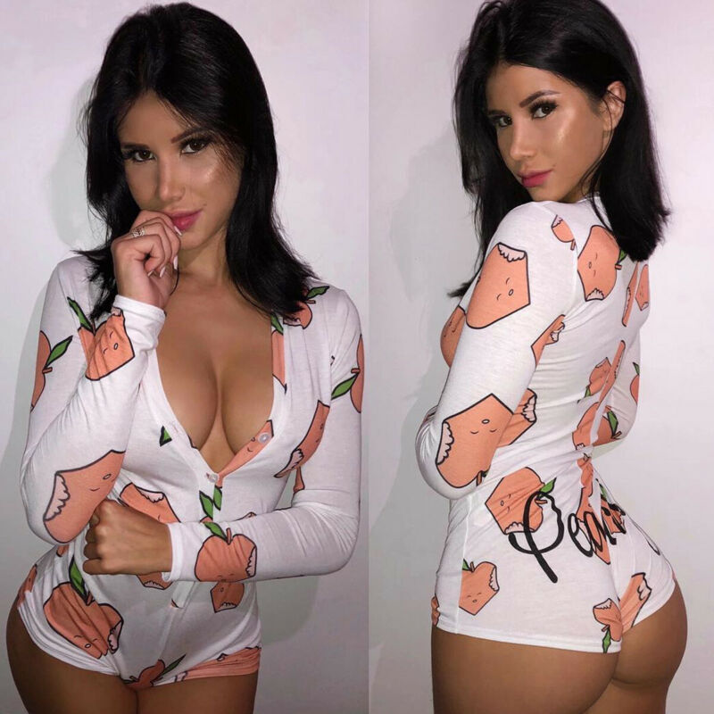 Womens Sexy V-Neck Long Sleeve Bodycon Casual Peachy Spicy Print Button Sleepwear Jumpsuit Shorts Romper Leotard Button Bodysuit