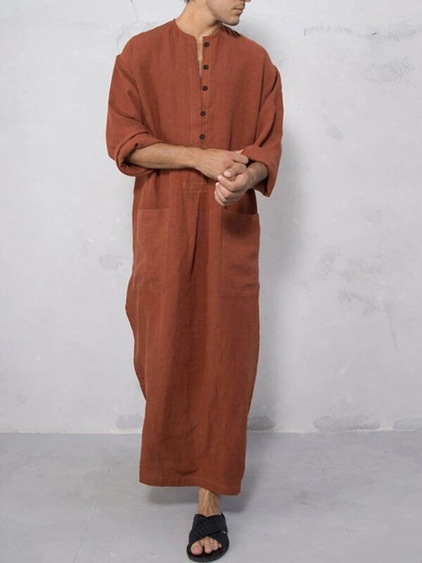 Мужской однотонный мусульманский кафтан с коротким рукавом и круглым вырезом Jubba Thobe Повседневный Дубай Саудовская Аравия Abaya мужская одежда