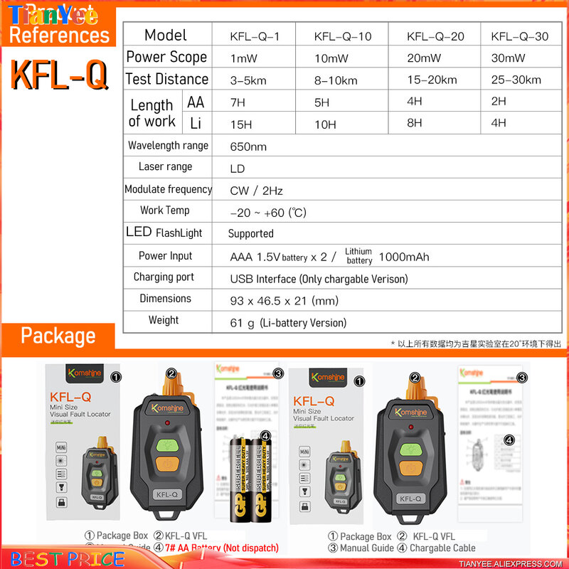 Komshine Mini Handheld Visual Fault Locator, VFL Optical Fiber Cable Tester, Optic Break Checker, KFL-10 Atualizado, KFL-Q