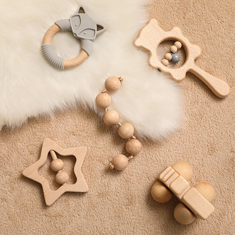 New Wooden Car Toys Set Baby Toys Rattles Bracelet Wood Teethers Montessori Toy Infant Teething Rattle Shower Gift