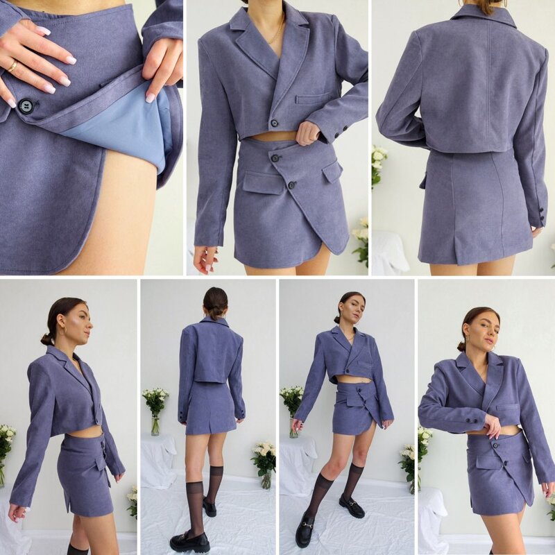 Blazer corto de PANA con un botón para mujer, minifalda con abertura cruzada Irregular de cintura alta, traje de manga larga, conjunto de 2 piezas