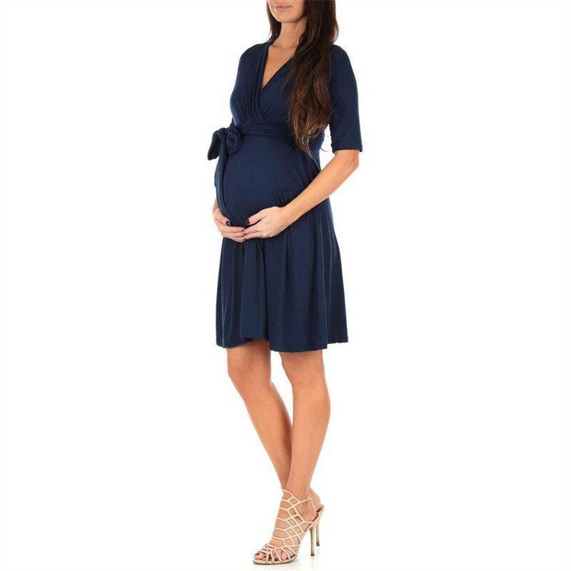 Sommer Frauen Mütter Schwangerschaft Pflege Kleid Mutterschaft Kleidung Casual Einfache Trend Stil Einfarbig V Ansatz Halbe Hülse Midi Desses