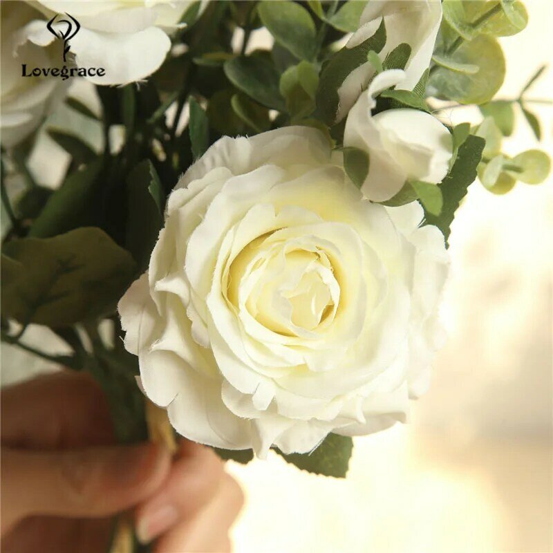 Lovegrace 신부 웨딩 꽃 신부 들러리 장미 유칼립투스 잎 부케, 인공 실크 꽃 테이블 센터 액세서리