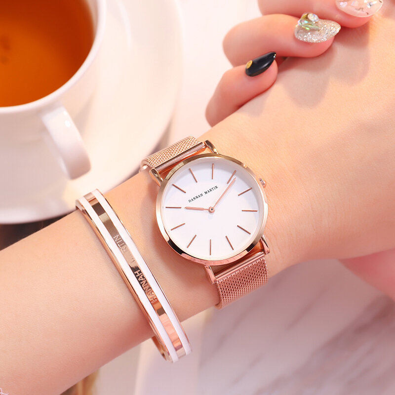 Часы Hannah Martin женские с японским кварцевым механизмом, простые водонепроницаемые с сетчатым ремешком из нержавеющей стали цвета розового золота