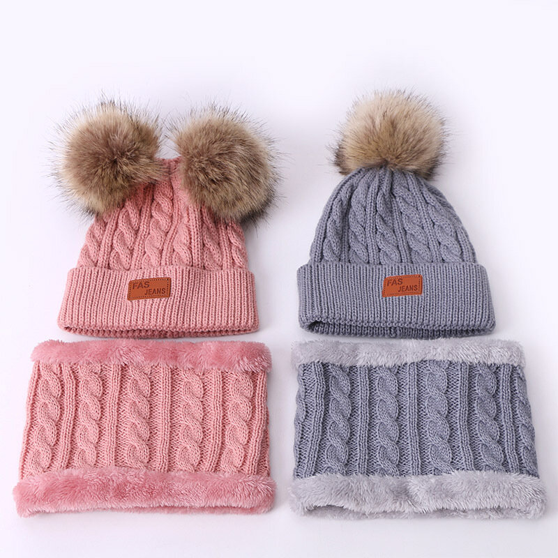 For1-7yearTwo pieces Hat Scarf Set Beanie Cap Children's Hats Pompon Keep Bone Ball Fake Warm Winter Skullies Kids Knitted Caps