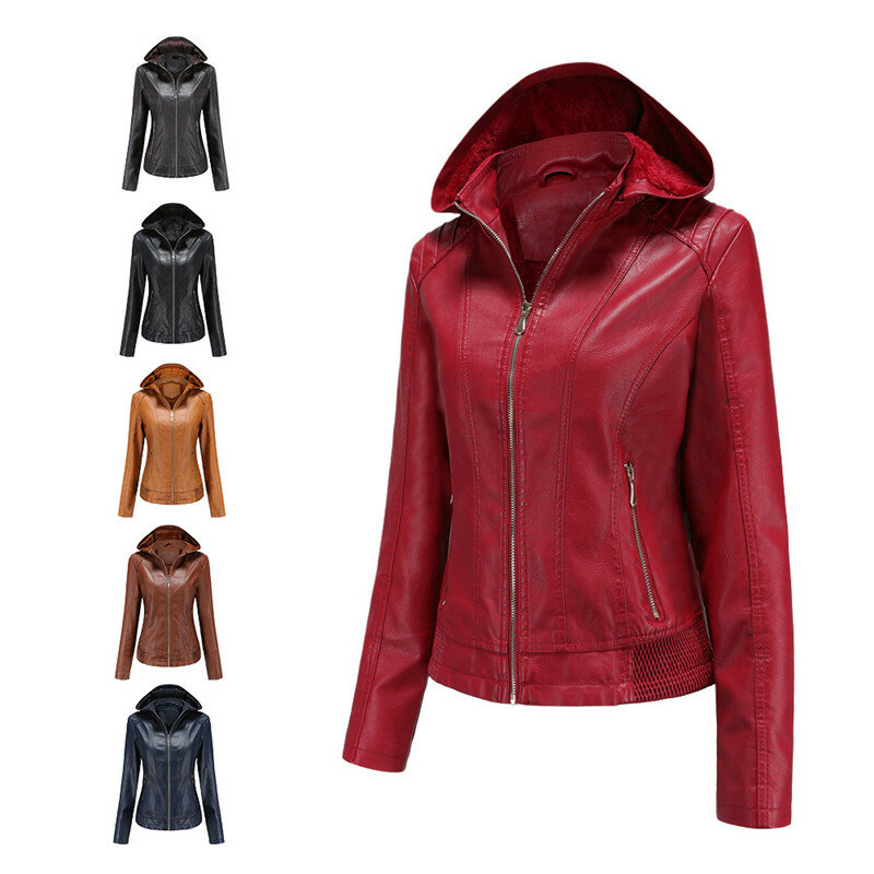 女性のレザージャケット秋冬プラスベルベット暖かいショートコート女性の赤、黒ジッパー生き抜くトップスオートバイの衣類のpu