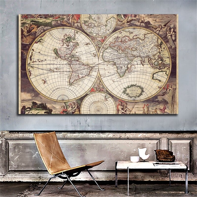 ヴィンテージの世界地図84*59センチメートル不織布のキャンバス絵画壁のポスターアートプリントリビングルームのホームインテリア学用品