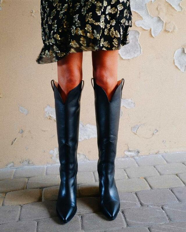 Faux Leather Knee High Boots  high heeled long boots black cowboy boots