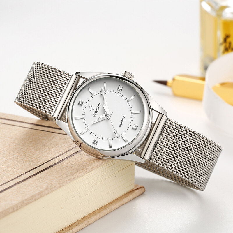 WWOOR-작은 여성 럭셔리 브랜드 일상 드레스 팔찌 시계, 실버 스테인레스 스틸 다이아몬드 손목 시계, 여성 시계