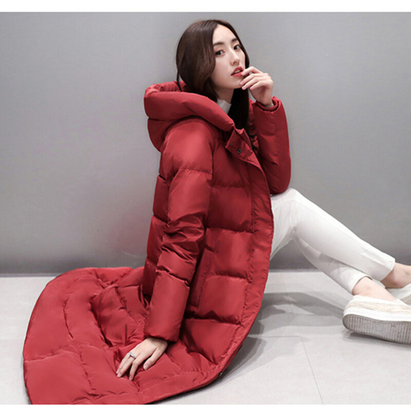 Women's super long down jacket winter puffer Thick coat Black Red Hooded zipper Keep warm