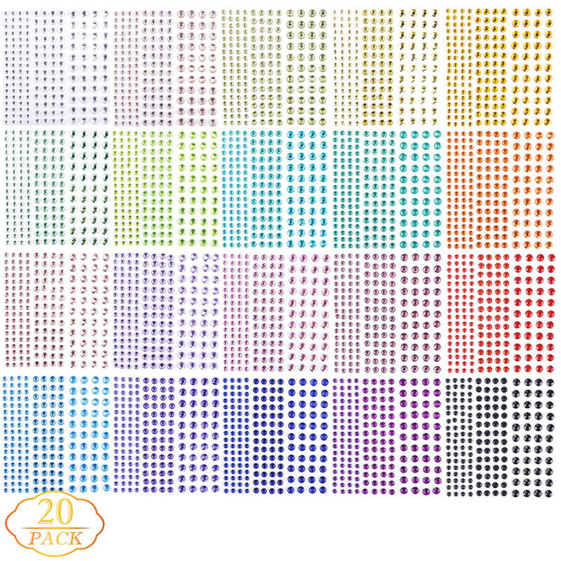 3440Pcs Strass Stickers Zelfklevende Kleurrijke Gem Stickers 3 Size 20 Vellen Edelsteen Voor Diy Gezicht Decor Ambachten Nail make-Up