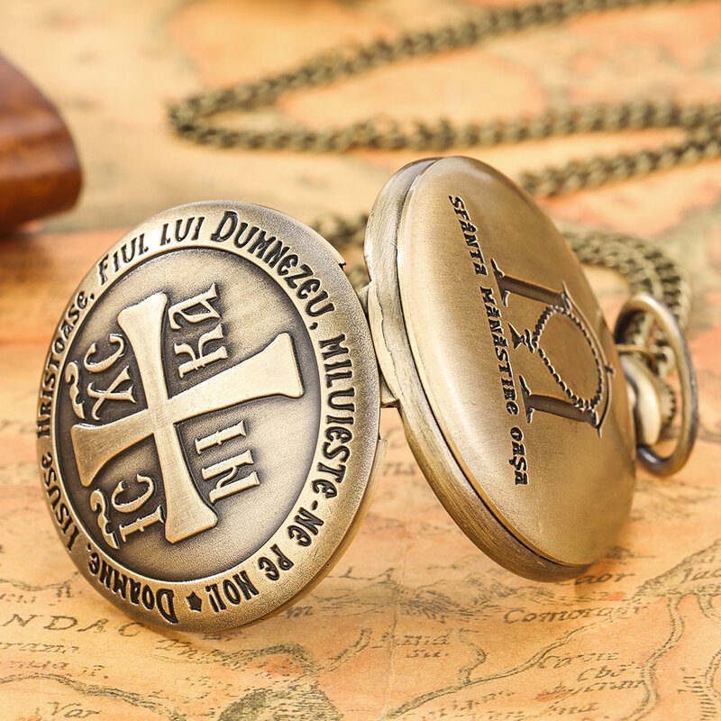 Bronze Russische Zeichen Religiöse Kreuz Quarz Taschenuhr Retro Christian FOB Uhren Halskette Anhänger Uhr Geschenke für Männer