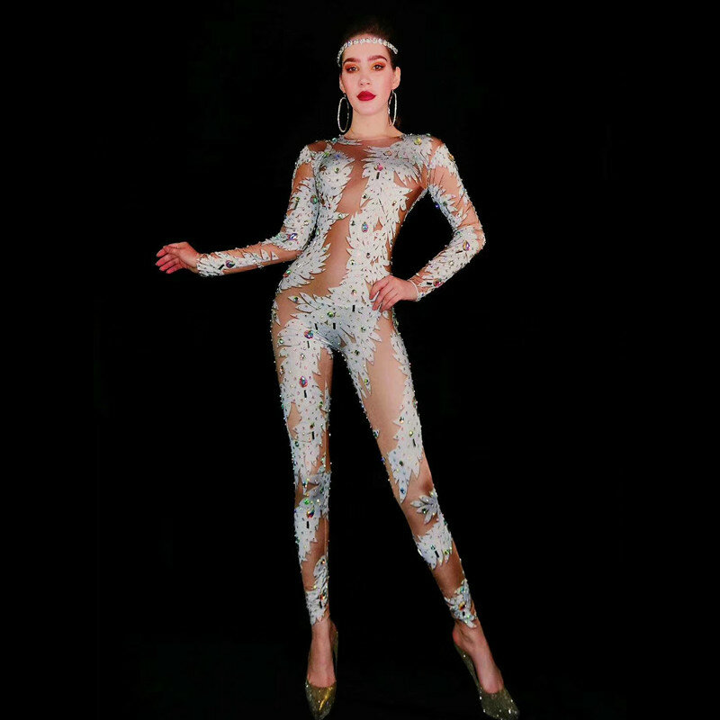 Fashion Rhinestones Jumpsuit Elastic Legging Crystal Rompers Sexy Stage Costumes Women Nightclub Party Singer Dancer Bodysuits