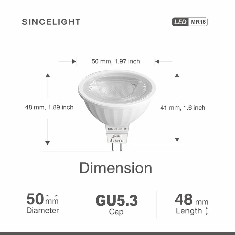 Ampoule Spot LED MR16 GU5.3 12V AC/DC, réflecteur ø 50mm 6W 500lm 50W équivalent halogène RA≈ 92 Angle de faisceau 38 °, lot de 6
