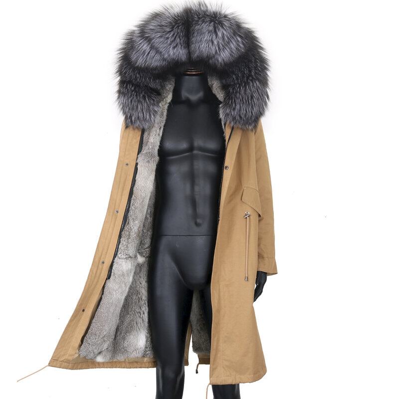 Jaket Musim Dingin Pria X Mantel Panjang Parka 7XL Bulu Kelinci Asli Kerah Rakun Alami Pakaian Luar Tebal Hangat Streetwear