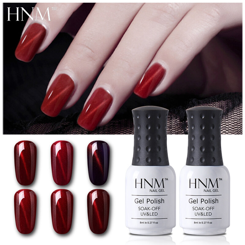 HNM 8ML Wine Red Color Nail Polish Cat Eye Magnetic Varnish UV LED Lamp Semi Permanant Gellak Base Top Primer Manicure Lacquer