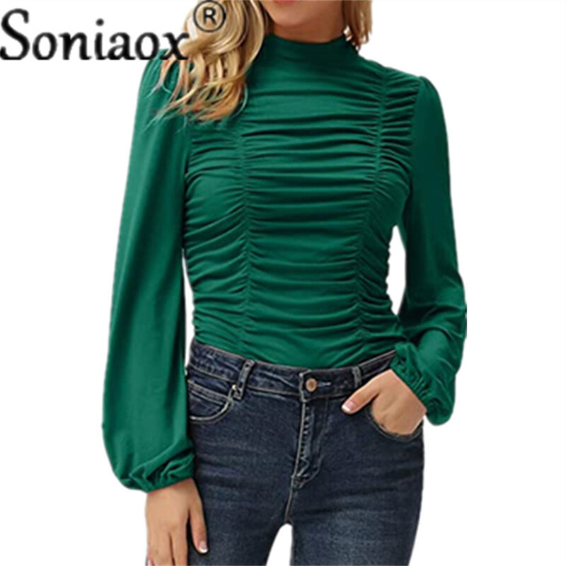 Blusa plisada de manga larga con cuello redondo para mujer, camisa informal de Color liso para otoño, 2021