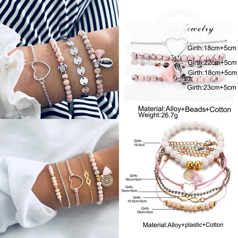 Ensemble de bracelets bohèmes vintage pour femmes, nouveau design, coquillage de lune, cœur, breloque tortue, perles, chaînes, bracelet, bijoux bohèmes