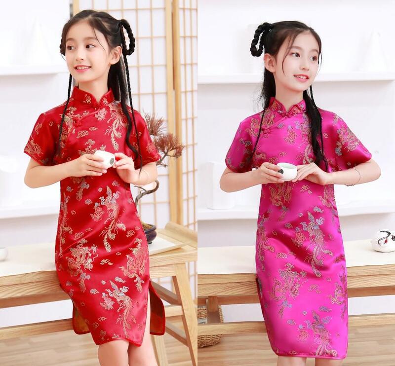 Vestido cheongsam de satén sedoso para niñas, bonito vestido de princesa, vestido de baile de fiesta para niños, ropa de Año Nuevo