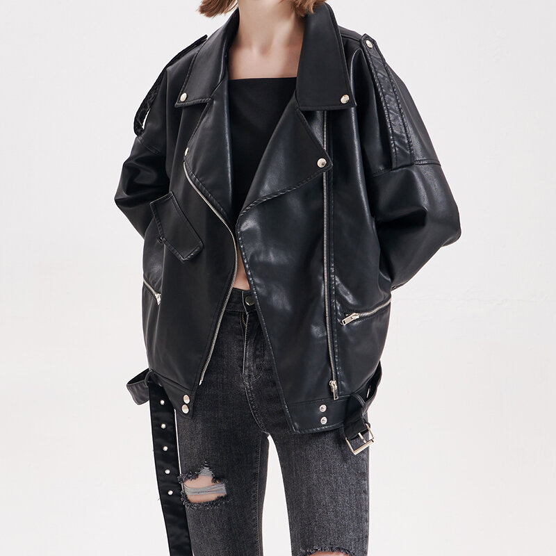 Winter Women Faux Soft Leather  Jacke tNew Fashion Loose Coat Turndown Collar Zipper Motorcycle Female Rivet Punk Overcoat