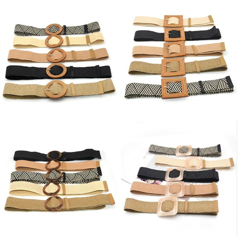 Hot Sale 1pc Summer Women Braided Elastic Belt Buckle Vintage Bohe Straw Buckle Belt Women Knitted Belt Dress Belt 25styles