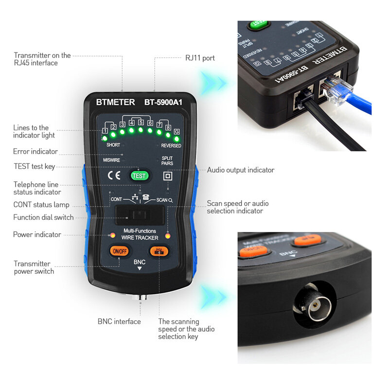 Btmeter Kabel Finder Tone Generator Probe Kit-RJ11 RJ45 Draad Tracker Toner Ethernet Lan Netwerk, Continuïteit Checker Kabel Tester