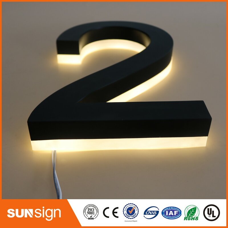 H 15cm podświetlany numer drzwi znaki ze stali nierdzewnej czarny malowane akrylowe powrót ciepłe białe światełka podświetlane litery numery domów