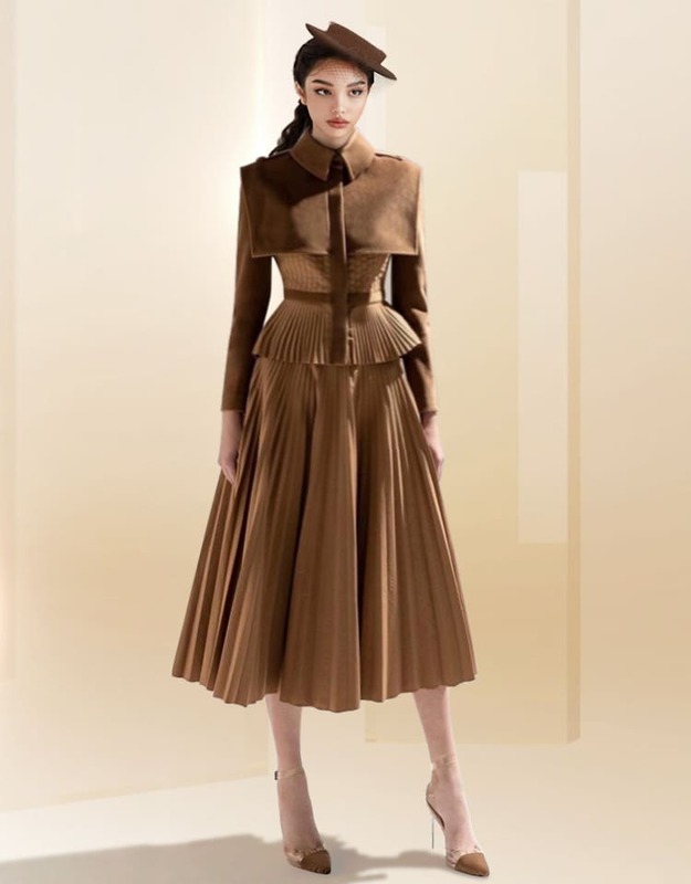 Traje de falda superior plisada de tienda de sastre, traje de Cachemira de lana marrón, vestidos para ocasiones formales, traje de otoño e invierno