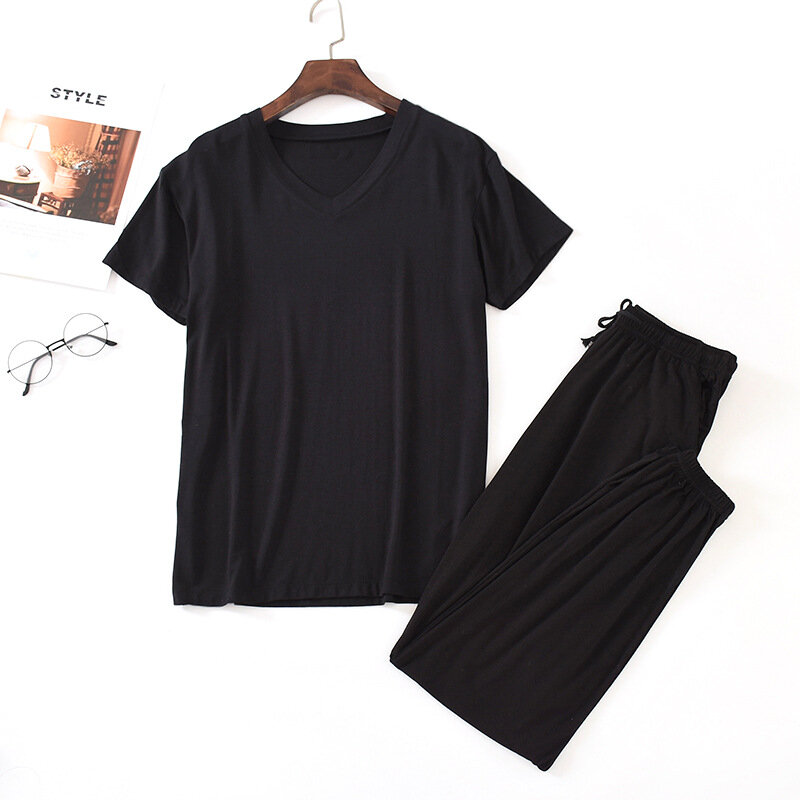 Fdfklak Baju Tidur Set 2Pcs Piyama Untuk Pria Baju Musim Semi Musim Panas Modal Lengan Pendek Pijamas Man Black Baju Rumah