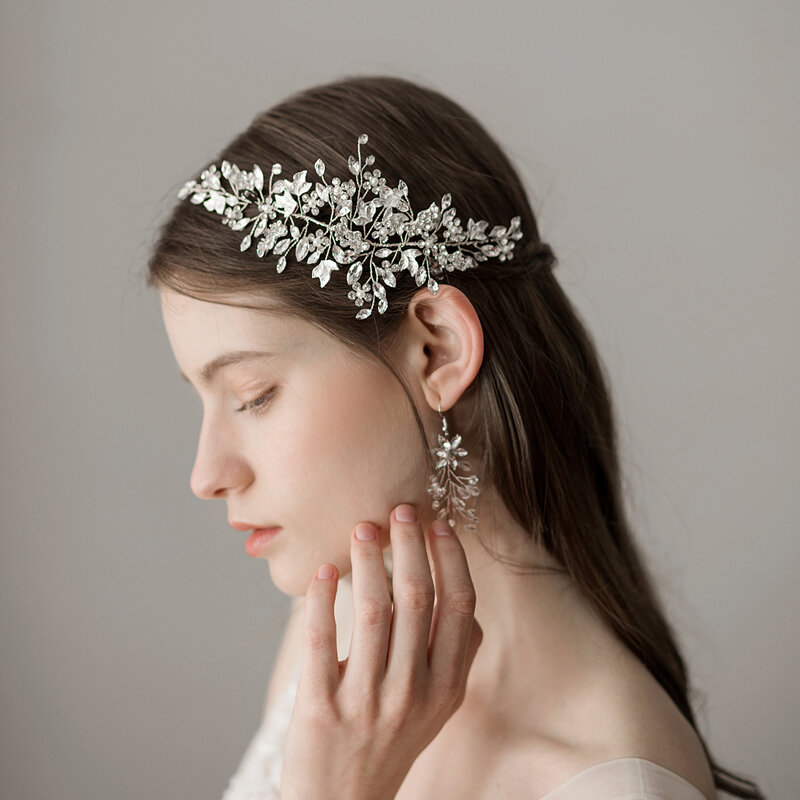 O355 Klasik Perak Bride Headband Rhinestone Mutiara Tiara Rambut Pengantin Kristal Daun Bridal Hairband Rambut Aksesoris
