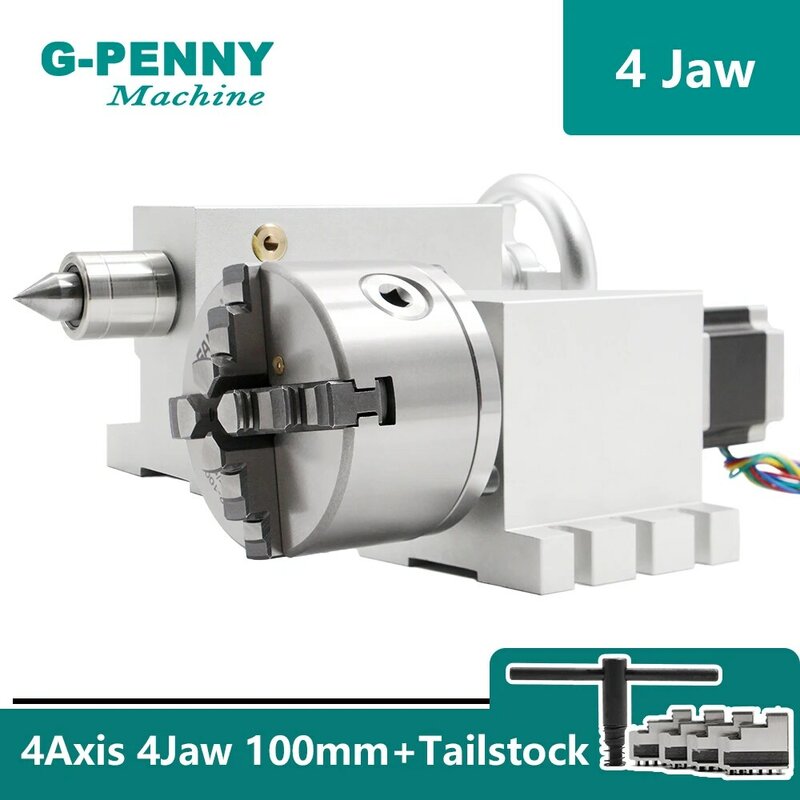 4 Jaw 100mm 4th Axis with Nema23 stepper motor Gapless harmonic gearbox reducer A axis + Tailstock for CNC woodworking machine！