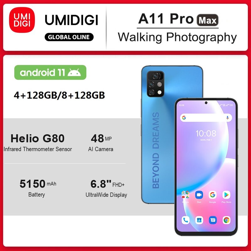 UMIDIGI-A11 Smartphone Pro Max, Android 11, Helio G80, Versão Global, 6.8 "FHD + Tela, 128GB, Câmera Tripla AI de 48MP, 5150mAh