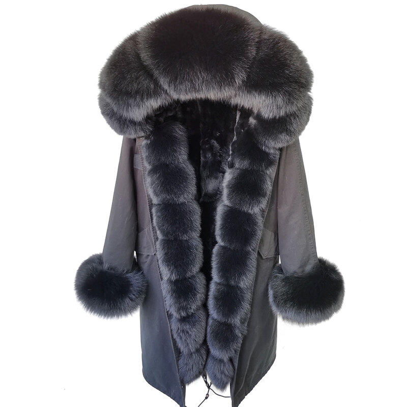 Maomaokong 2021 Ladies Super Long Parka Leather Coat Winter Jacket Natural Rabbit Fur Hood Detachable Luxury Warm Jacket Novelty