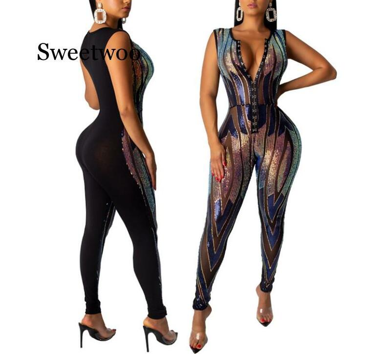 Sexy body Plus Size pozycjonowanie kombinezon z cekinami elastyczne V Neck pajacyki kombinezony dla kobiet 2020 kobiet Streetwear kombinezony