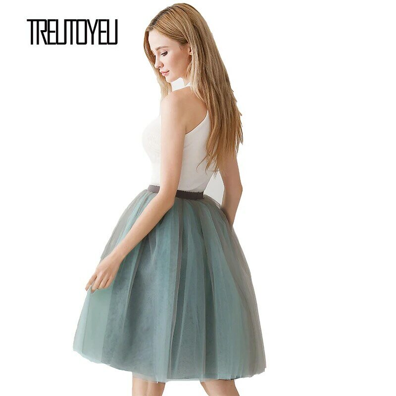 Treutoyeu Design Vintage Midi Tutu Tulle Skirt 6 Layers Grey+Sky Blue Sexy Punk Pleated Skirts Womens Faldas Mujer Moda 2020
