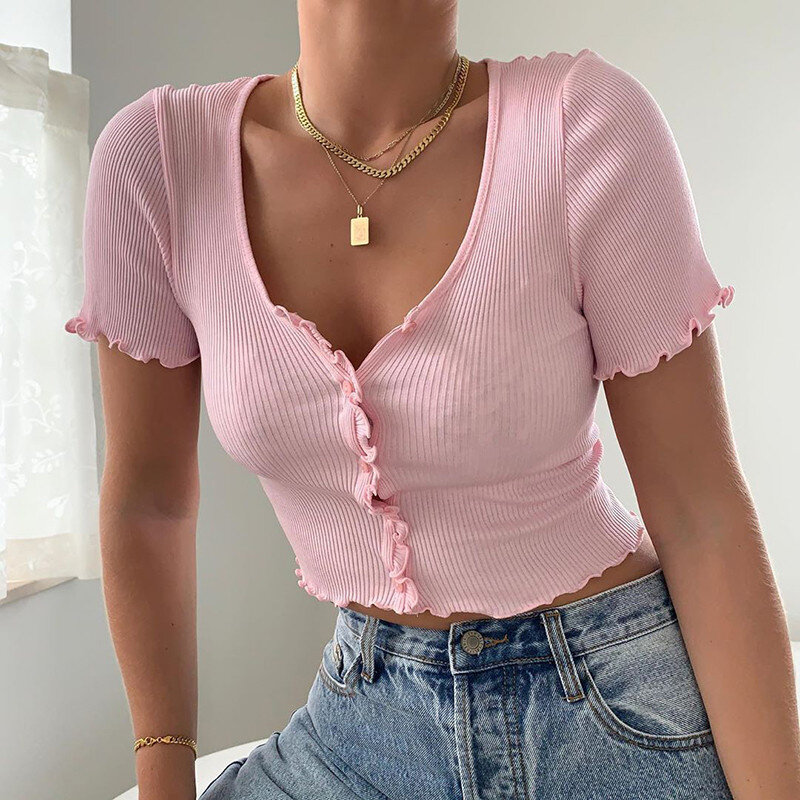 Shestyle Stretchy Ruffle Sleeve Crop Top Women 2020 Summer Button Green Blue Tight Rib-knitted Plain Sexy T-shirt Dropshipping