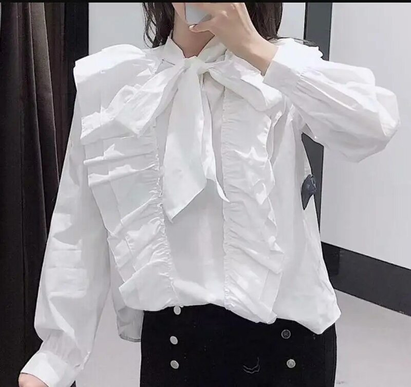 Женская блузка с рюшами, белая однотонная блузка с длинным рукавом и бантом, 2020