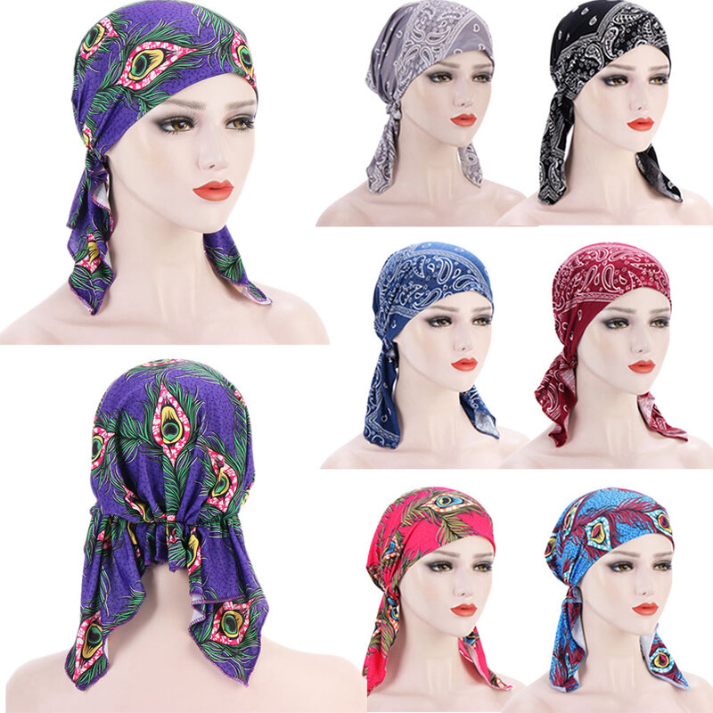 Topi Sorban Cetak Mode Topi Katun Baotou Topi Muslim Dapat Meregang Syal Kepala Topi Serban Dalam Wanita Hijab Bagian Dalam Syal Bawah Kemoterapi