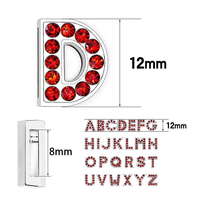 8mm A-Z Red Color Rhinestone Slide Letters Charms DIY Jewelry Marking Fit Pet Collar Wristband Keychains 1pcs