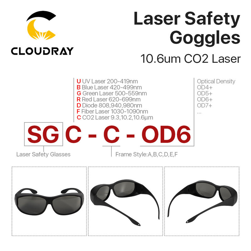 Cloudray-Style C Laser Óculos de Segurança, OD6 + CE Proteção Óculos para CO2 Laser corte e máquina de gravura, 10600nm